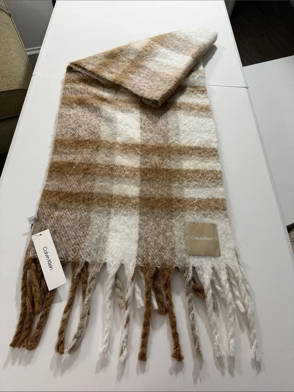 Calvin Klein Cream & Brown Plaid Fringe Throw Scarf 74 X17 inches